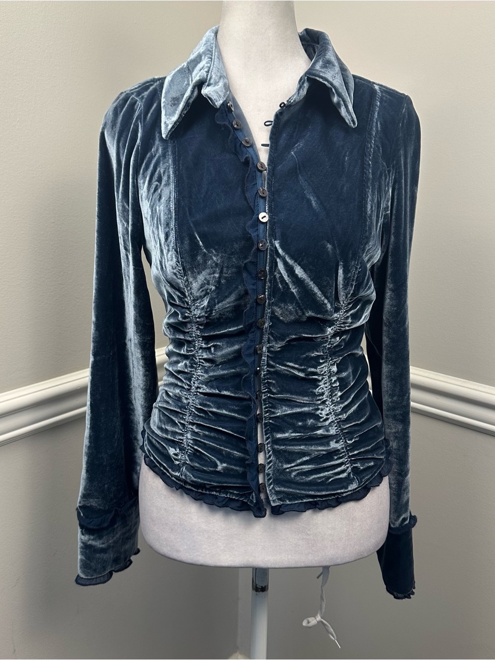 Free People Blue Velvet Ruched Button-Front Shirt XS NWTS